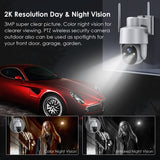 Solar Security Cameras Wireless Outdoor, Pan-Tilt 2K Outdoor Camera Wireless, 3MP Color Night Vision, 2-Way Talk, Motion Detection, Spotlight/Siren, IP65, Cloud/SD WiFi 360°PTZ Battery Powered Camera